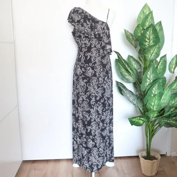 Amuse Society Black & White Floral Asymmetric Cold Shoulder Maxi Dress Large L - Picture 8 of 14